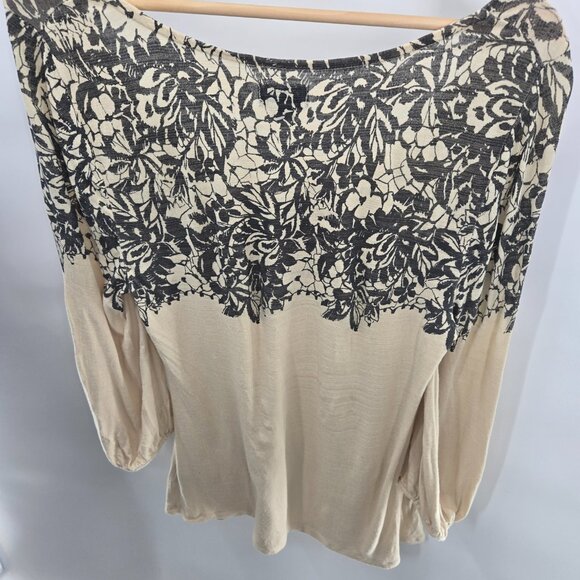 Deletta x Anthropologie Cream Black Floral Elastic Cuff Blouse Size Medium - Picture 5 of 14